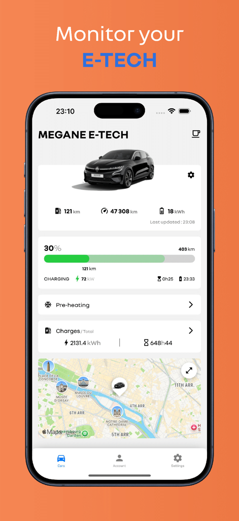 Kelec App-Dashboard mit Anzeige von Akkustand, Reichweite und GPS-Standort für ein Renault Megane E-Tech Fahrzeug.