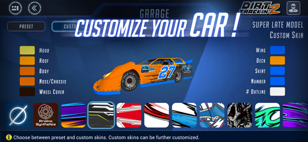Car customization interface in Dirt Trackin 2 showing garage options for a Super Late Model