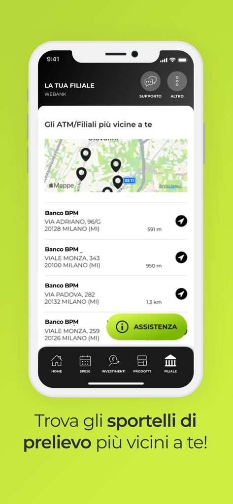 Mappa ed elenco delle filiali e degli sportelli automatici Banco BPM nelle vicinanze nell'interfaccia dell'app mobile Webank.