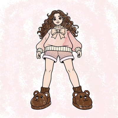 a girl with a sweater and a bow on it, she has bear slippers, curly hair that reaches her chest, and shorts.
