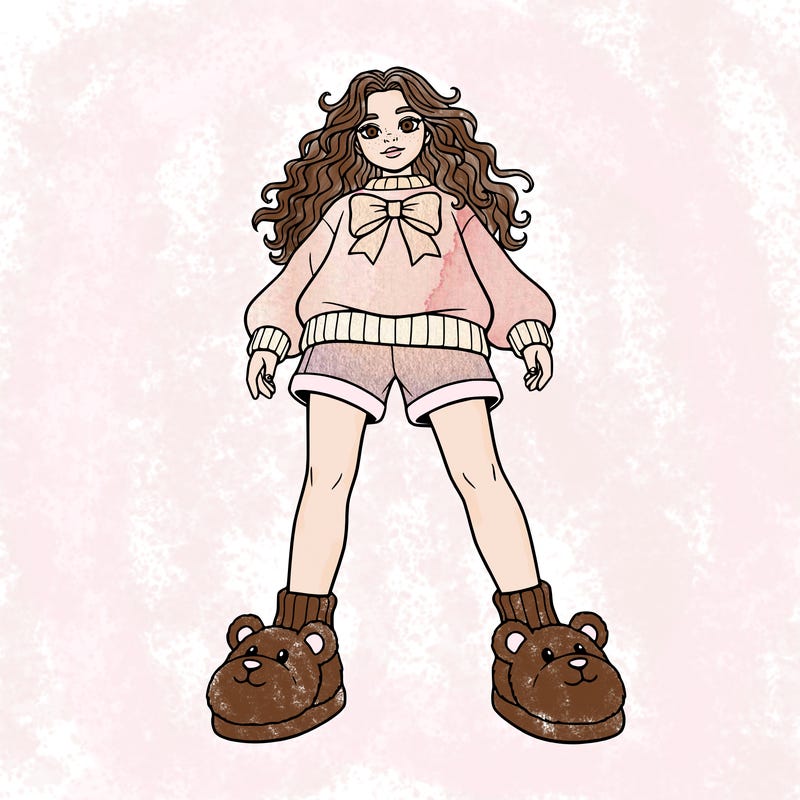 a girl with a sweater and a bow on it, she has bear slippers, curly hair that reaches her chest, and shorts.