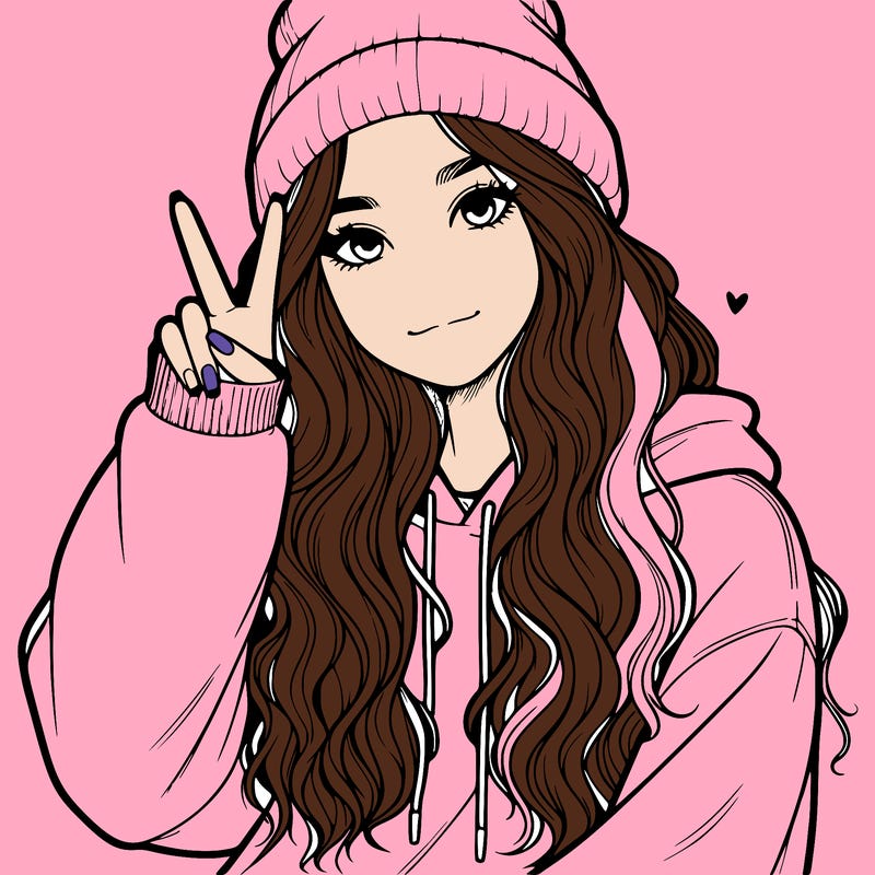 a teenage girl in a beanie, oversized sweatshirt, wavy long hair, and is showing a ✌️