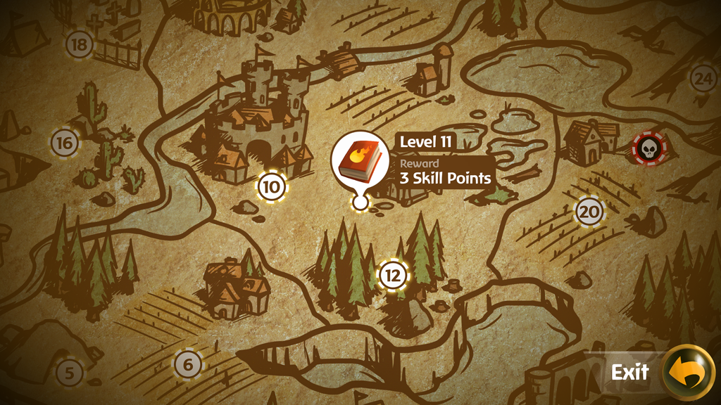 A hand drawn world map in Battleheart 2 showing mission nodes and level rewards