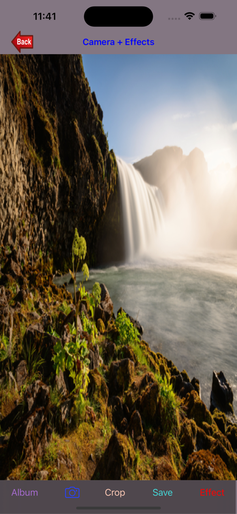My-Photos - My-Photos app showing a waterfall landscape in the Camera and Effects screen with editing options like crop and save