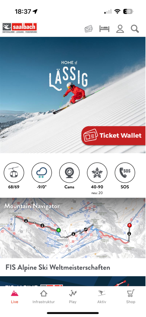 Saalbach Hinterglemm - Home screen of the Saalbach Hinterglemm mobile app featuring a skier, real-time weather and lift status, and a mountain navigation map