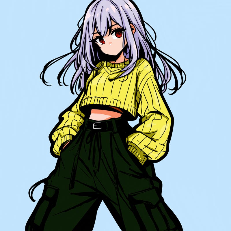 anime teen girl with baggy pants and crop top with sweater