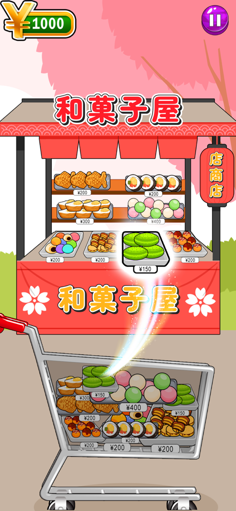 Mukbang Eating ASMR Games - A screenshot of the Mukbang Eating ASMR game showing a Japanese snack stall and a shopping cart being filled with colorful treats.