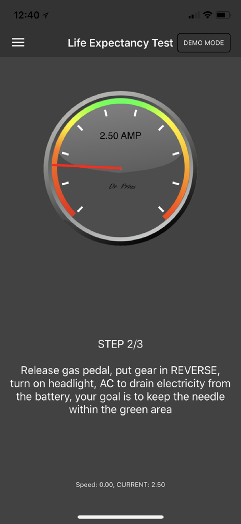 Dr. Prius / Dr. Hybrid - Dr. Prius app screen showing a battery life expectancy test with a diagnostic gauge and step by step instructions