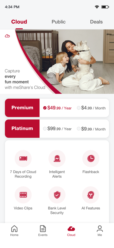meShare - Interface do aplicativo meShare exibindo planos de assinatura de armazenamento em nuvem e recursos de segurança como alertas inteligentes e segurança em nível bancário.