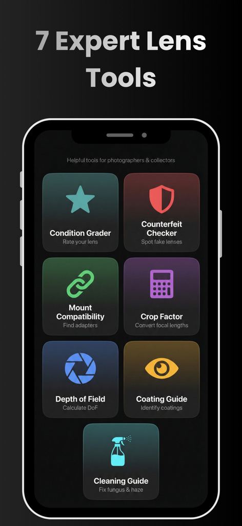 Camera Lens Identifier - Interface of the Camera Lens Identifier app displaying seven expert utility tools for photographers including counterfeit checker and mount compatibility finder