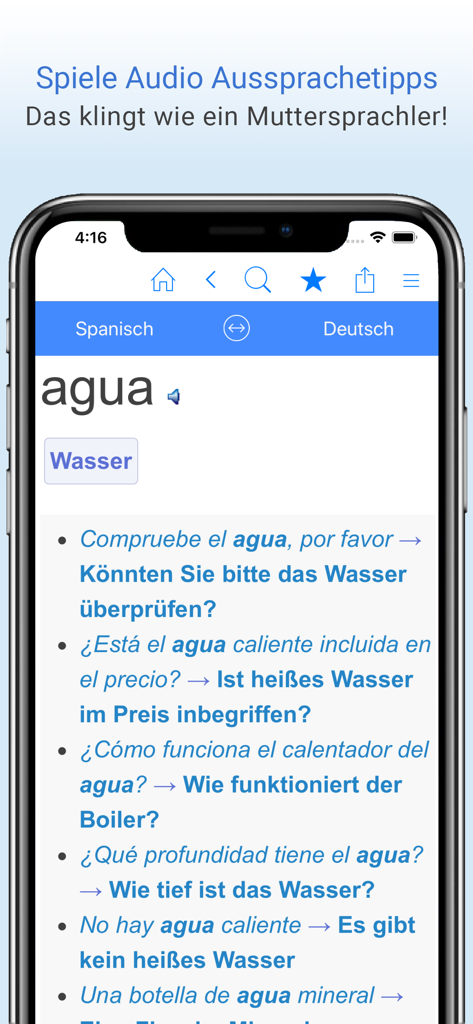 Smartphone-Bildschirm der Deutsch-Spanisch Wörterbuch App, der die Übersetzung und Aussprache für das Wort agua zeigt.