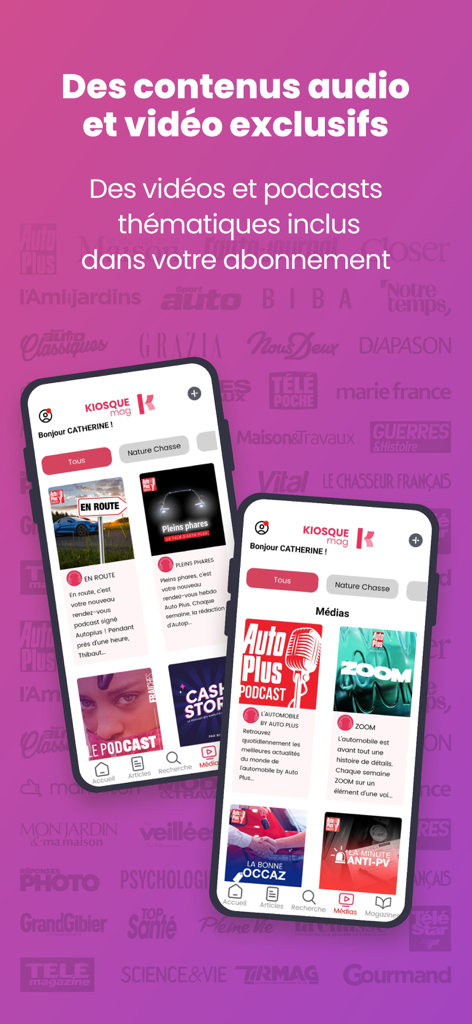 Kiosque Mag - Interface de l'application Kiosque Mag présentant du contenu audio et vidéo exclusif issu de magazines français
