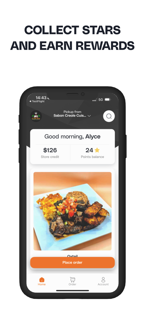 C’est Bon Creole Cuisine - Cest Bon Creole Cuisine mobile app interface showing loyalty points balance and the option to order food