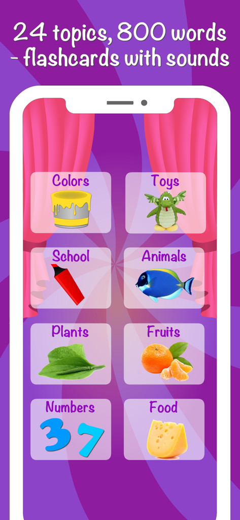Main menu of German language for kids Pro app showing educational categories like colors school and animals