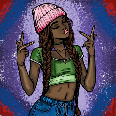 realistic teenage girl with braids and a beanie and crop top doing 🫶🏼