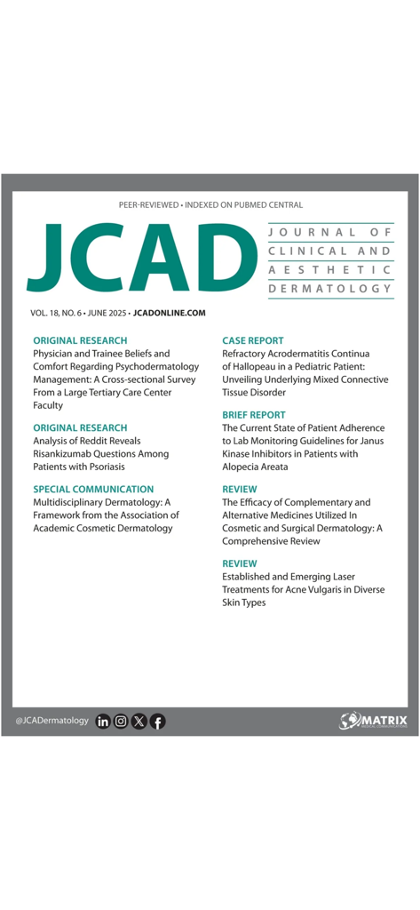 Journal of Clinical and Aesthetic Dermatology June 2025 issue table of contents featuring peer-reviewed research.