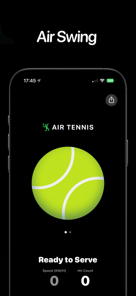 空气网球 - Tennis Swing Simulator - Air Tennis app interface showing a large tennis ball and swing statistics including speed and hit count