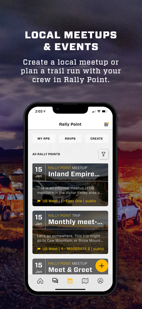 Overland Bound One app screen showing local community meetups and events for off-road enthusiasts.