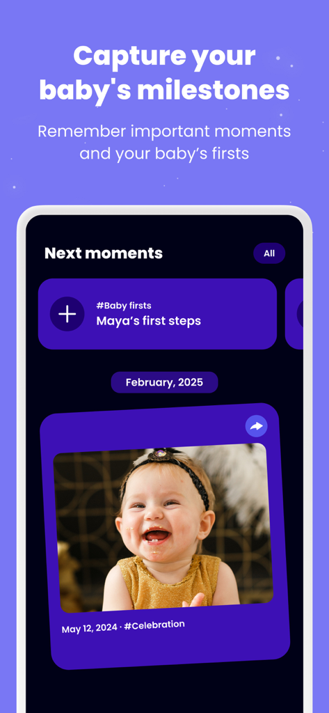 Happy Baby - Sleep & Tracker - Mobile app interface showing baby milestone tracking with a photo of a smiling baby