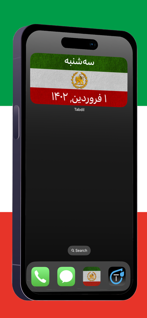 Pantalla de inicio del iPhone mostrando un widget de calendario persa de la aplicación Tabdil con un fondo de bandera iraní