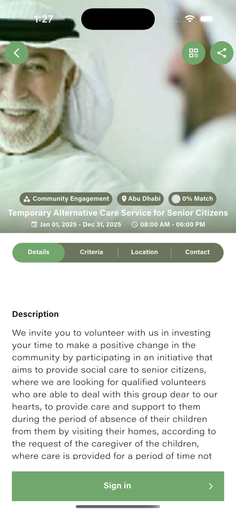Capture d'écran de l'application Volunteers.ae montrant une opportunité d'engagement communautaire pour l'aide aux personnes âgées à Abu Dhabi