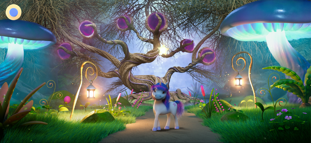 Dinkytoon Interactive Stories - Un lindo unicornio parado en un bosque encantado con hongos brillantes y linternas