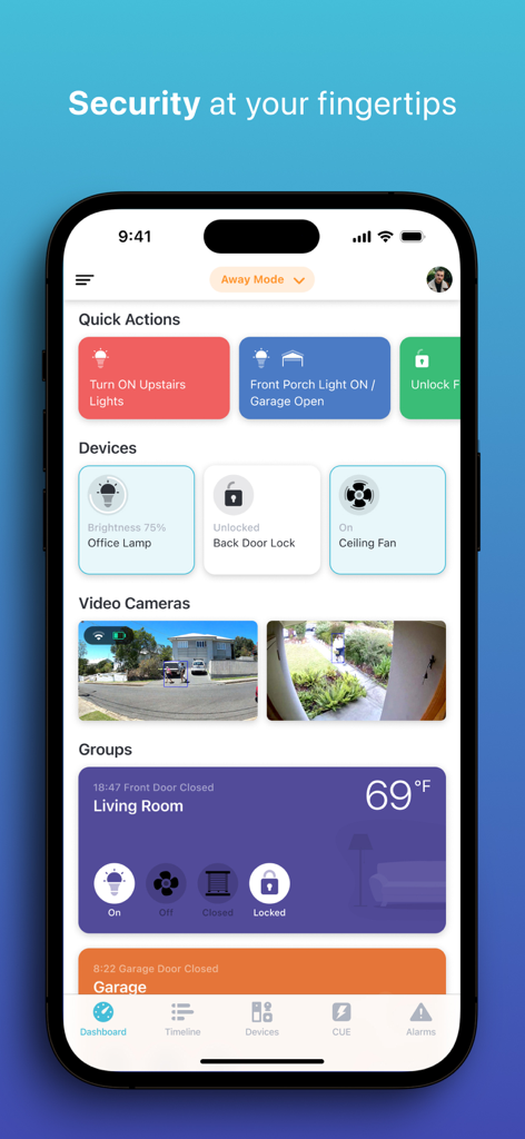 Abode - The Abode app dashboard showing smart home device controls and live security camera feeds on an iPhone.