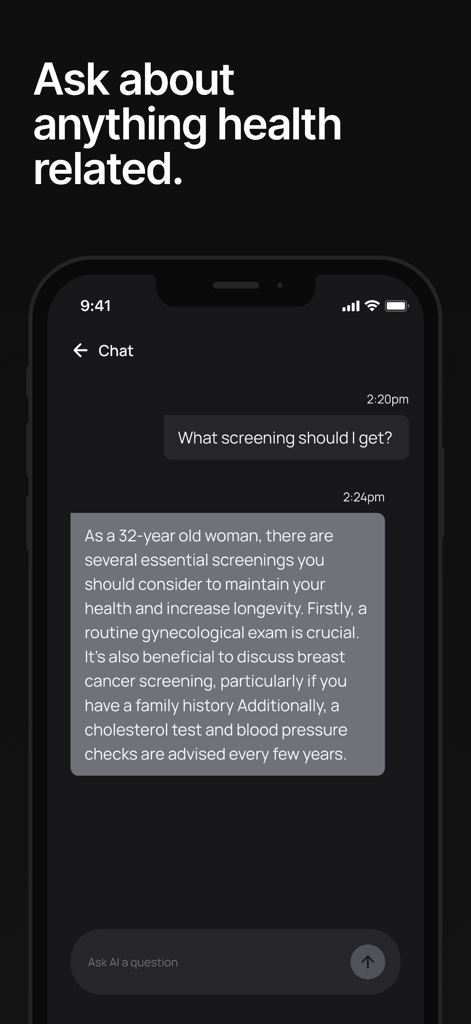 Life Clock - Live Longer - AI health advisor chat interface in the Life Clock app providing personalized medical screening advice