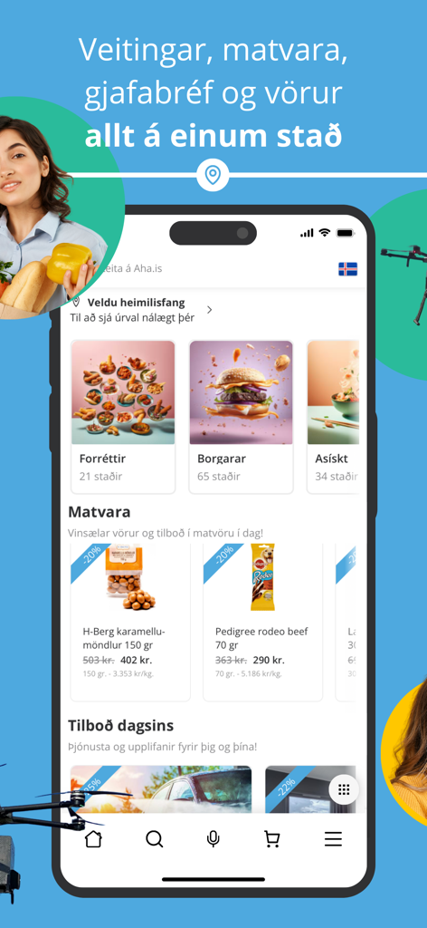 Aha.is - Home screen of the Aha.is mobile app featuring various food categories and grocery items for delivery in Iceland.