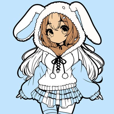 pretty anime girl wearing a fluffy hoodie with bunny ears on the hood and a skirt