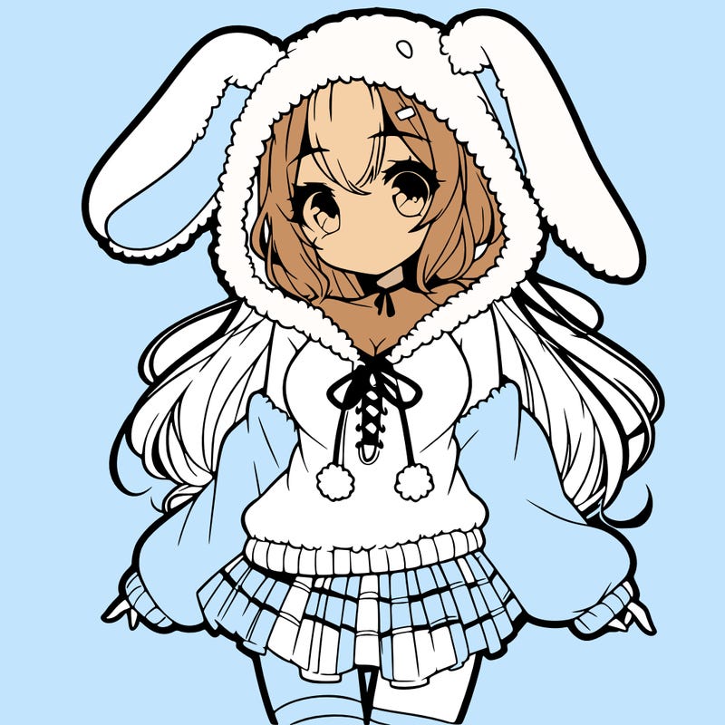 pretty anime girl wearing a fluffy hoodie with bunny ears on the hood and a skirt