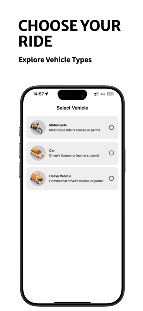 NZ Driving Theory Test PRO - Ecrã mostrando categorias de veículos para prática de teste teórico de condução da NZ, incluindo carro, mota e veículo pesado