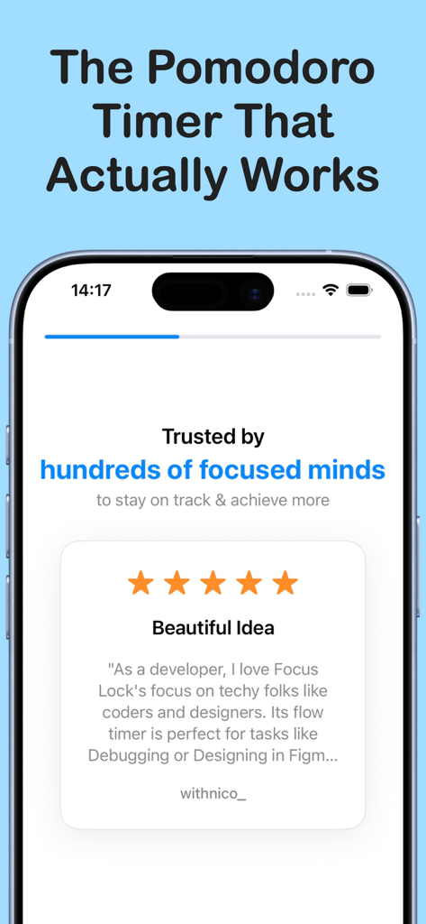 A user review for Focus Lock Pomodoro Timer featuring a five star rating and developer testimonial