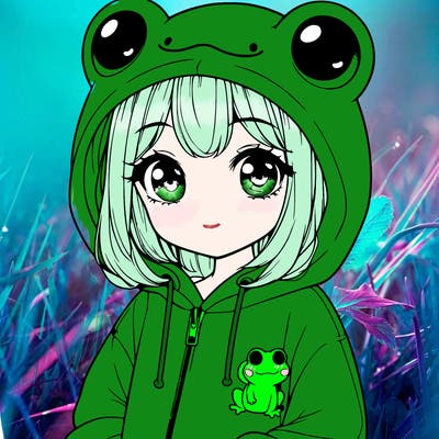 cute realistic girl in a froggy hoodie