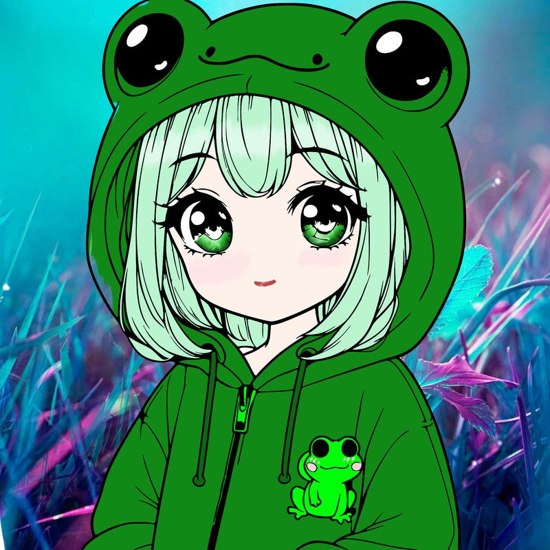 cute realistic girl in a froggy hoodie