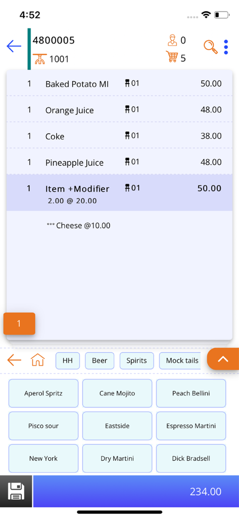 InfoGenesis POS Terminal mobile application interface showing a customer order with various food and beverage items and the total bill