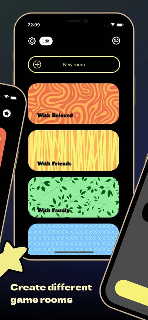 Truth or Dare? Fun Party Game - Interface of the Truth or Dare app showing different game room categories like Beloved, Friends, and Family