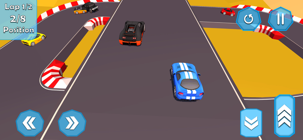 Car Racing: Car Stunt Game - Top-down view of mini sports cars racing on a 3D track with a blue car in the foreground