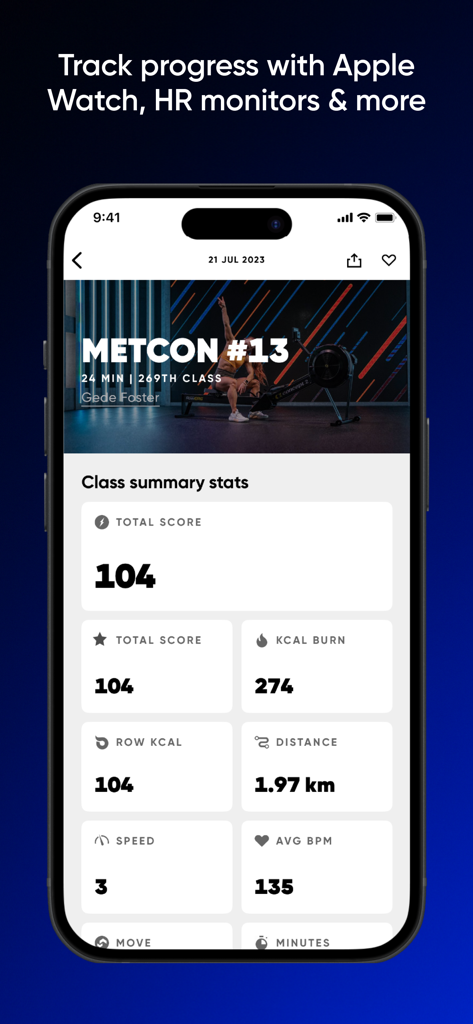 Fiit: Workouts & Fitness Plans - Fiit app screen showing class summary stats including heart rate and calories burned