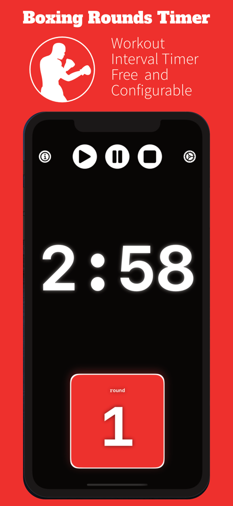 A mobile interface for the Boxing Rounds Timer app showing a countdown clock and round indicator