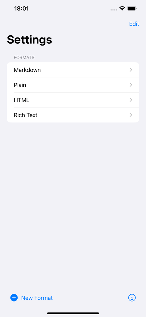 Copy as Link - 마크다운 HTML 및 서식 있는 텍스트와 같은 사용 가능한 형식을 보여주는 링크로 복사하기 앱의 설정 화면