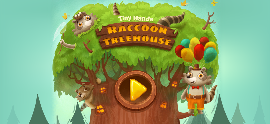 Learning Games for Toddlers AZ - Start menu of the Raccoon Treehouse educational game for toddlers featuring cute illustrated raccoons and a play button