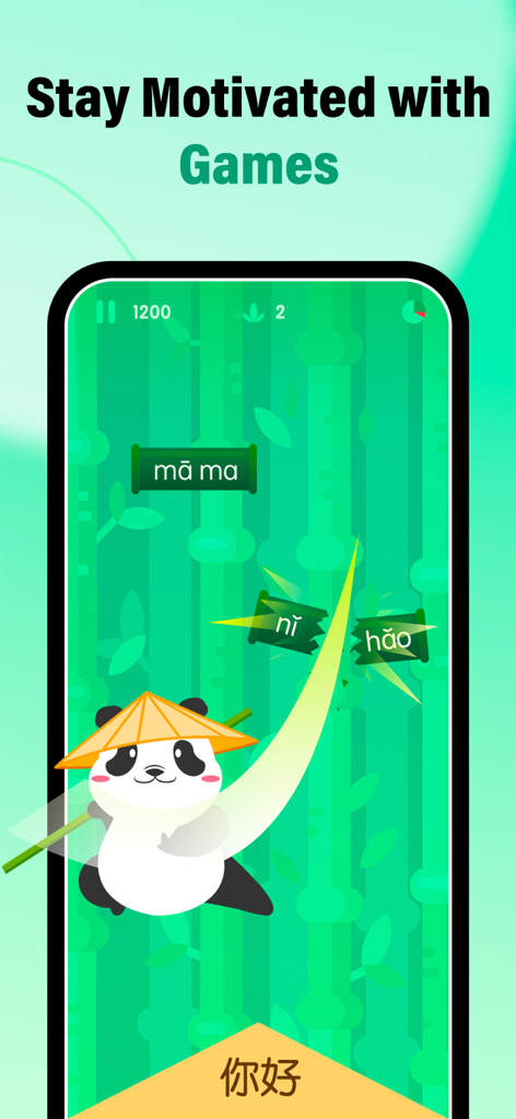 HelloChinese - Learn Chinese - Gamified Mandarin lesson in HelloChinese app featuring a panda slicing bamboo with pinyin