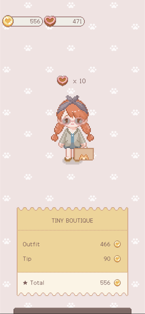 Tiny Boutique : Fashion Game - A pixel art girl stands above a checkout receipt in the Tiny Boutique fashion game