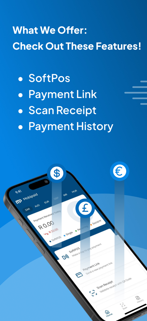 Mobipaid - Mobipaid merchant app showing SoftPos payment link and scan receipt features