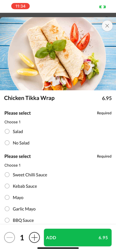 Mobile interface for ordering a Chicken Tikka Wrap on the Zaika Bistro app