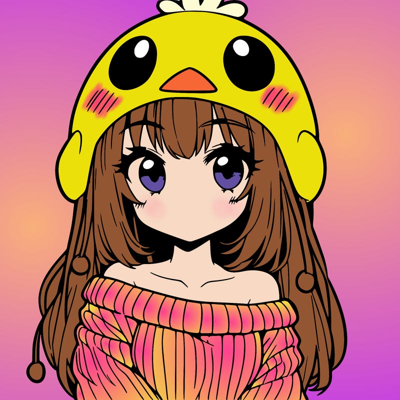 anime girl with chick shaped hat with sweater with bare shoulders with bangs covering them one eye with low tail