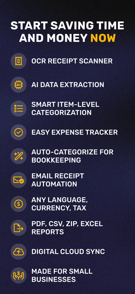 SparkReceipt: Expense Scanner - Principais recursos do aplicativo SparkReceipt, incluindo extração de dados com IA, digitalização OCR e sincronização na nuvem para despesas comerciais
