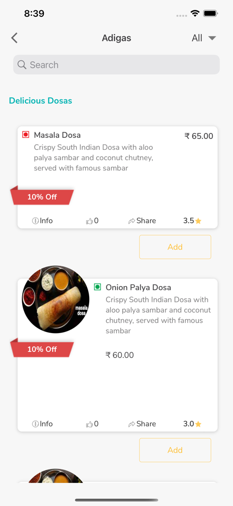 FoodBook - Workplace Food - FoodBook app menu screen displaying South Indian dishes with prices and discount labels
