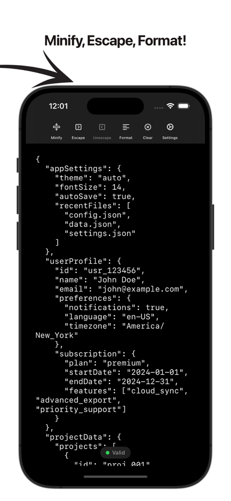 JSON Utilities - JSON Utilities mobile App-Oberfläche, die formatierten Code mit Entwicklertools wie Minify und Escape anzeigt